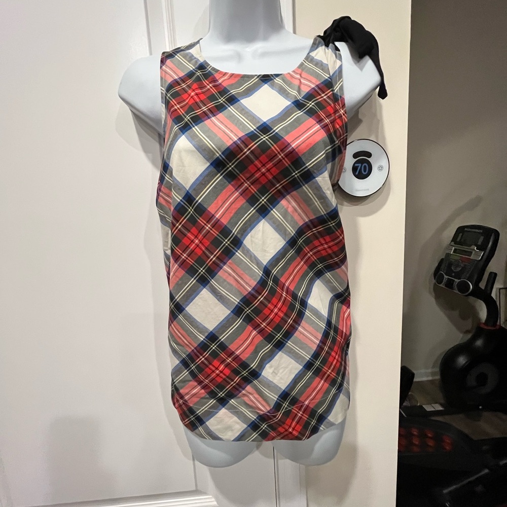 J crew bow shoulder plaid tartan blouse
